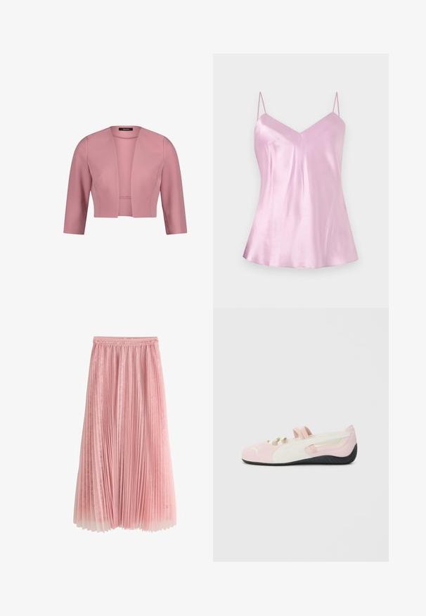 Roze cropped damesblazer met driekwartsmouwen en open voorkant, gladde stof, gestructureerde pasvorm.; Lichtroze satijnen hemdje met dunne verstelbare spaghetti bandjes en een lichte V-hals, weergegeven tegen een effen witte achtergrond.; Roze geplooide midi-rok met een kanten onderlaag en een geplooide tailleband, getoond op een witte achtergrond.; Roze suede instapper met witte accenten, rubberen zool en elastische bandjes. Kenmerkt zich door een gestructureerd ontwerp en een klein logo aan de voorkant.