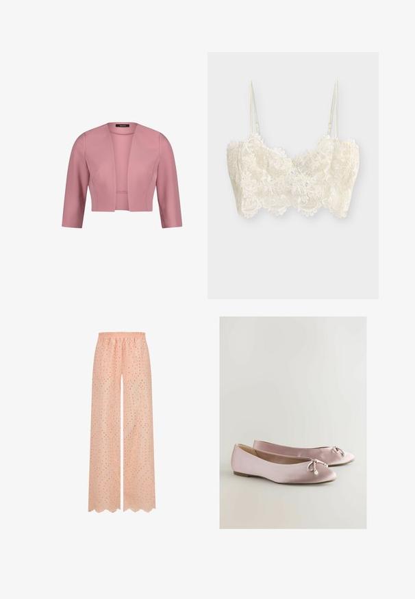 Roze cropped damesblazer met driekwartsmouwen en open voorkant, gladde stof, gestructureerde pasvorm.; Witte kanten bralette met bloemmotieven, dunne verstelbare schouderbandjes en golvende randen langs de onderkant en de halslijn.; Lichtroze wijde broek met een elastische tailleband, voorzien van een decoratief geborduurd patroon en uitsnijdingen in de stof.; Roze satijnen balletschoenen met een ronde neus, decoratieve strik en parelaccent. Platte zool met een gladde textuur en een laag profiel.