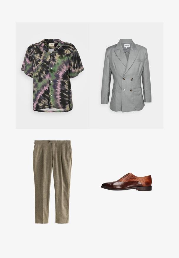 Heathe DOUBLE BREASTED - Veste de costume - grey; Chemise à manches courtes à boutons avec un motif tie-dye noir, vert et rose. Elle présente une coupe décontractée et un col classique. Tissu léger.; Pantalon en tissu texturé marron clair, avec deux plis à l'avant, des poches latérales et une fermeture à bouton unique à la taille.; Chaussure Oxford marron pour homme en cuir, avec bout droit et dessus texturé, petit talon, et fermeture à lacets sur fond blanc.
