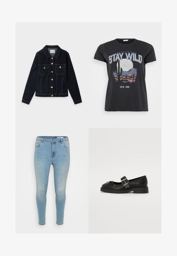 Mørkeblå denimjakke med lange ærmer, to brystlommer med flapper, guldfarvede knapper og synlige syninger, lagt fladt på en hvid baggrund.; Sort bomulds t-shirt med et grafisk print af en ørken-scene med kaktusser, en måne og sætningen "STAY WILD" i blå skrifttype.; Lyseblå denimbukser med slim fit, der har en mellemhøj talje, klassisk fem-lomme design og subtile slidte detaljer på fronten.; Sort læder Mary Jane-sko med rund tå, ankelrem og sølv spænde detalje. Har en flad, chunky sål og en sløjfe akcent.