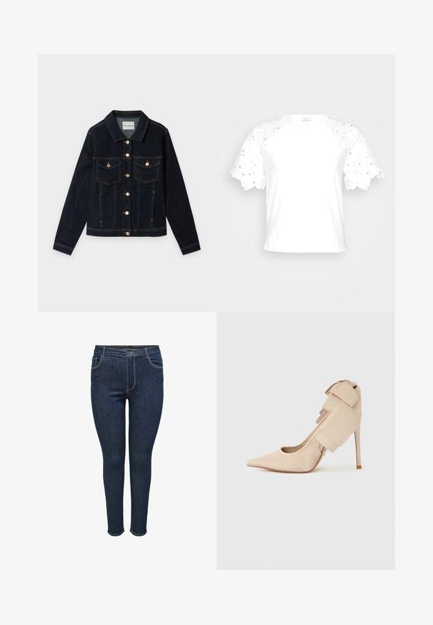 Donkerblauw denim jack met lange mouwen, twee borstzakken met kleppen, goudkleurige knopen en zichtbare stiksels, plat neergelegd op een witte achtergrond.; Witte t-shirt met decoratieve kanten mouwen, met een eenvoudig, strak ontwerp en een ronde halslijn.; Donkerblauwe denim skinny jeans met een vijf-pocket ontwerp, voorzien van een knoopsluiting en stiksels op de naden. Gladde textuur, aansluitende stijl.; Beige satijnen pumps met hoge hak, puntige neus en grote decoratieve strik aan de achterkant van de hiel.