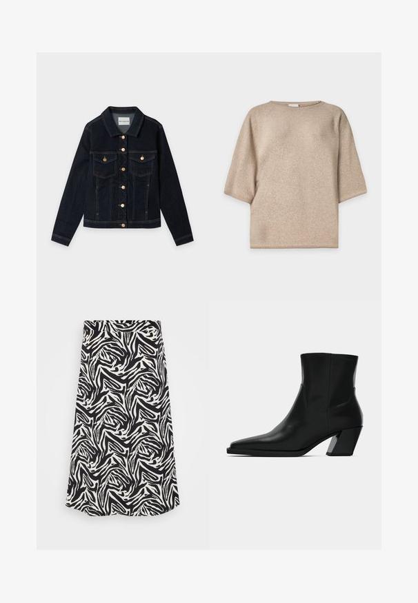 Mørkeblå denimjakke med lange ærmer, to brystlommer med flapper, guldfarvede knapper og synlige syninger, lagt fladt på en hvid baggrund.; Beige strikket trøje med korte ærmer, rund hals og afslappet pasform, vist på en ensfarvet hvid baggrund.; Sorte og hvide nederdel med et snurrende zebra mønster, med en lige skæring og nederste kant. Fremstillet af et glat, letvægtigt stof.; Sortlæder ankelstøvle med spids tå, en slank silhuet og en kraftig firkantet hæl. Glat tekstur med minimale stikninger.