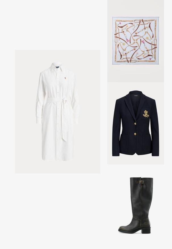 Marineblauwe blazer met ingesneden revers, twee gouden knopen, twee opgestikte voorzakken en goud geborduurd "RL"-logo op de linkerborstzak.; Witte blousejurk met lange mouwen, kraag, taillint en klein geborduurd logo op de linkerborst.; Zwarte leren kniehoge laars met een chunky hak, voorzien van een zijgesp accent en contrasterende stiksels langs de naden. Glad textuur.; Zijden sjaal met beige en bruine leren bandjes, gouden ringen en kleine roze, gele en witte bloemen- en dierenbedeltjes op een witte achtergrond.