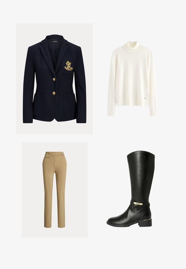 Marineblå blazer med hakket revers, to guldknapper, to forlommer med påsyet lommer og guldbroderet "RL" logo på venstre brystlomme.; Hvid langærmet rullekravesweater med ribstrikket krave, manchetter og kant, med et lille metallisk logo-tag nær bundkanten.; Beige slim-fit kvindebukser med høj talje, to knapper i siden og en lille lomme med knap nær taljebåndet.; Sorte knæhøje støvler i glat læder med en guld-tone accent og spænde. Har en blokhæl og detaljeret syning på siden.