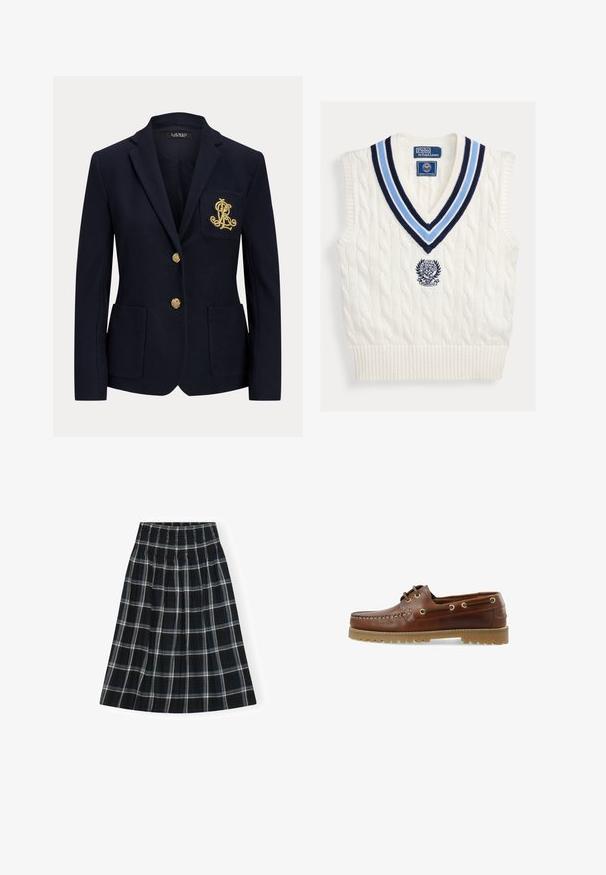 Marineblå blazer med hakket revers, to guldknapper, to forlommer med påsyet lommer og guldbroderet "RL" logo på venstre brystlomme.; Hvid kabelstrikket ærmeløs sweatervest med blåstribet V-hals og Polo Ralph Lauren Wimbledon-logo på brystet.; Sorte og hvide ternet nederdel med smock-bånd i livet, knælang, med en flagrende design og blød stoffets tekstur.; Brune læder bådsko med lav skæring, snøredesign, metaløjer og en tekstureret gummisål, der har stikninger foran.