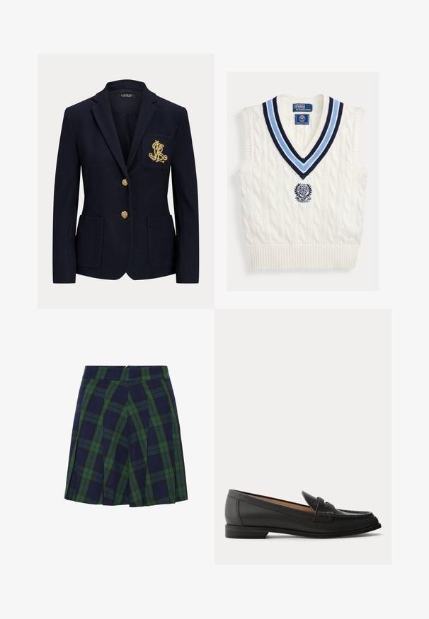 Blazer bleu marine avec revers cranté, deux boutons dorés, deux poches plaquées à l'avant et logo "RL" brodé en or sur la poche poitrine gauche.; Gilet sans manches en maille torsadée blanche avec col en V rayé bleu et logo Polo Ralph Lauren Wimbledon sur la poitrine.; Jupe plissée bleu marine et verte avec un motif tartan et une fermeture éclair au dos.; Mocassin en cuir noir pour femme avec un petit talon, bout arrondi et détails cousus sur la tige, vu de profil sur un fond uni.
