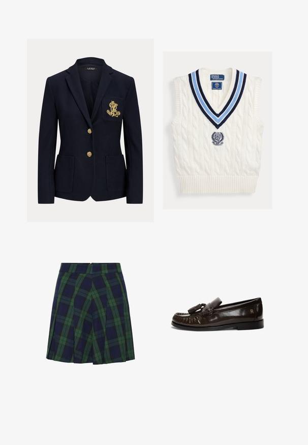 Blazer bleu marine avec revers cranté, deux boutons dorés, deux poches plaquées à l'avant et logo "RL" brodé en or sur la poche poitrine gauche.; Gilet sans manches en maille torsadée blanche avec col en V rayé bleu et logo Polo Ralph Lauren Wimbledon sur la poitrine.; Jupe plissée bleu marine et verte avec un motif tartan et une fermeture éclair au dos.; Mocassin en cuir marron foncé avec pampille, couture mocassin, semelle noire plate et petit logo doré sur le côté du talon.