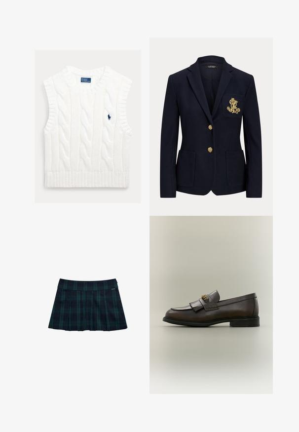 Marineblå blazer med hakket revers, to guldknapper, to forlommer med påsyet lommer og guldbroderet "RL" logo på venstre brystlomme.; Hvid ærmeløs kabelstrikket sweater med ribbet kant. Har en lille, broderet blå logo på brystet. Tekstureret, blødt stof.; Rynket nederdel med tern i mørkegrøn og marineblå med en glat talje og logo-accent. Har et klassisk, lagdelt rynkedesign.; Mørkebrun læderloafer med frynser og guldbeslag på sort sål, vist fra siden på en neutral baggrund.