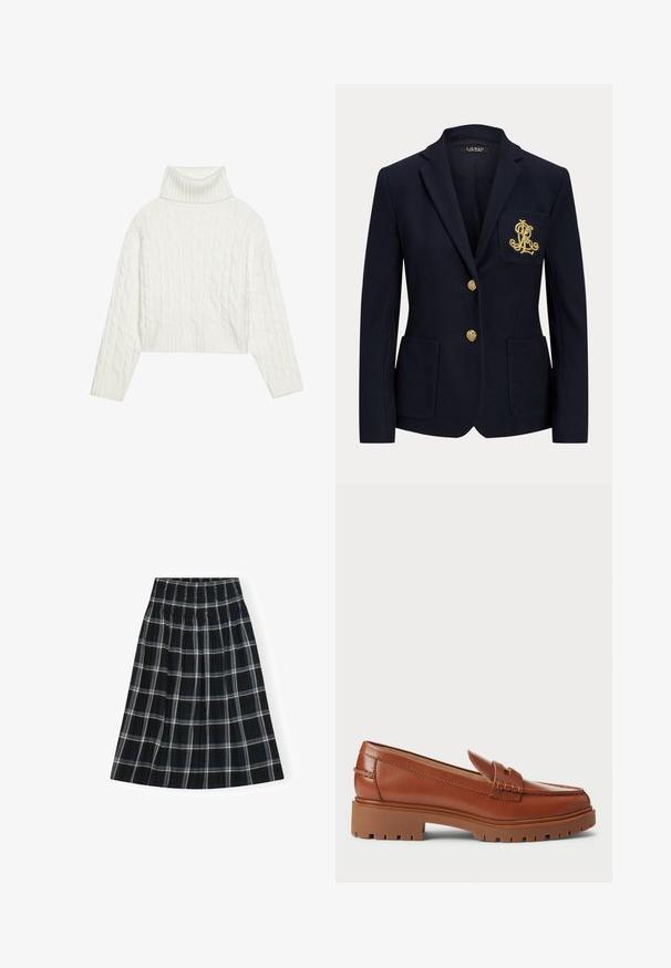 Blazer bleu marine avec revers cranté, deux boutons dorés, deux poches plaquées à l'avant et logo "RL" brodé en or sur la poche poitrine gauche.; Pull à col roulé en maille blanche, avec une coupe courte, doté de poignets et d'un ourlet côtelés. Texture douce avec un design épais et confortable.; Jupe à carreaux noir et blanc avec un waistband smocké, longueur genou, présentant un design évasé et une texture de tissu douce.; Mocassins en cuir marron avec un design à bout mocassins, coutures visibles et une semelle en caoutchouc épaisse et texturée. Accent en métal doré.