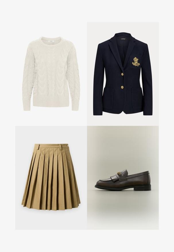 Marineblå blazer med hakket revers, to guldknapper, to forlommer med påsyet lommer og guldbroderet "RL" logo på venstre brystlomme.; Lys grå kabelstrikket sweater med rund hals, teksturerede mønstre og ribstrikkede manchetter og kant. Lavet af blødt, chunky garn.; Khaki plisseret nederdel lavet af bomuldsblanding, med en tætsiddende talje med bæltesløjfer og en udvidet silhuet, der slutter over knæet.; Mørkebrun læderloafer med frynser og guldbeslag på sort sål, vist fra siden på en neutral baggrund.