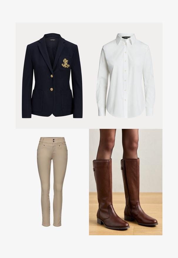 Blazer bleu marine avec revers cranté, deux boutons dorés, deux poches plaquées à l'avant et logo "RL" brodé en or sur la poche poitrine gauche.; Chemise blanche à manches longues, boutonnée, avec un col classique et des boutons visibles à l'avant, présentée sur un fond uni.; Pantalon skinny beige en tissu lisse, doté d'une taille haute, de deux boutons et de poches avant avec des détails de couture subtils.; Anna Field by Zalando LEATHER - Bottes - brown