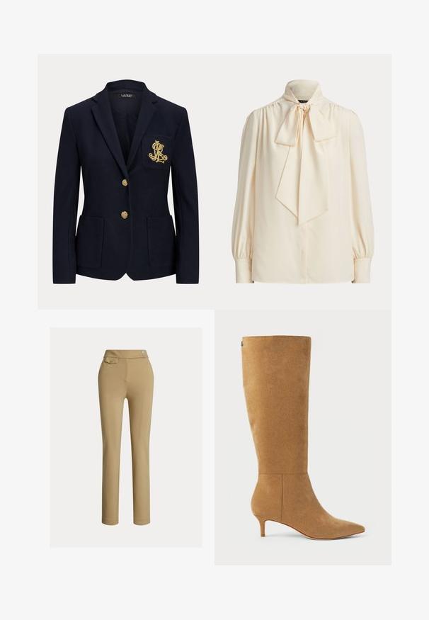 Marineblå blazer med hakket revers, to guldknapper, to forlommer med påsyet lommer og guldbroderet "RL" logo på venstre brystlomme.; Langærmet bluse i cremefarve med høj krave og stor bundet sløjfe ved halsen, med rynkede skuldre og knapmanchetter.; Beige skræddersyede bukser med en glat tekstur, høj talje, to dekorative knapper og en enkelt baglomme. Lige ben-design.; Lauren Ralph Lauren MCKAY SUEDE TALL BOOT HEEL - Høje støvler/ Støvler - camel