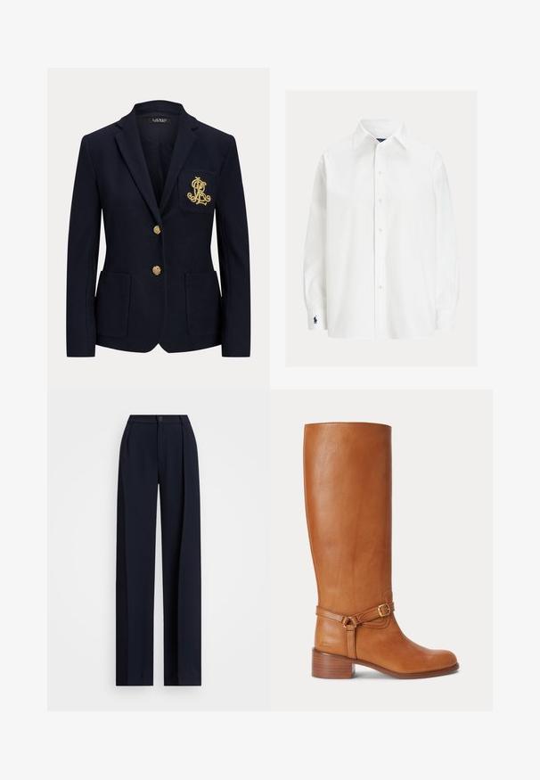 Marineblauwe blazer met ingesneden revers, twee gouden knopen, twee opgestikte voorzakken en goud geborduurd "RL"-logo op de linkerborstzak.; Wit overhemd met lange mouwen, knoopsluiting, spitse kraag en marineblauw geborduurd logo op de linkermanchet.; Marine brede broek met plooien, een knoopsluiting en een gladde stofstructuur. Ontworpen voor een losse, comfortabele pasvorm.; Hoge bruine leren laars met lage gestapelde hak en decoratieve riem met gouden gesp rond de enkel.