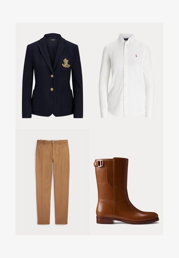 Marineblauwe blazer met ingesneden revers, twee gouden knopen, twee opgestikte voorzakken en goud geborduurd "RL"-logo op de linkerborstzak.; Witte blouse met lange mouwen, knopen, een button-down kraag en een klein geborduurd logo van een polo-speler op de borst.; Bruine katoenen broeken met een slim-fit ontwerp, vlakke voorkant en standaardzakken; gladde textuur en afgewerkte manchetten.; Bruine leren enkellaars met een gladde afwerking, afgeronde neus en decoratieve zijgesp. Voorzien van een lage houten hak en minimale stikdetails.