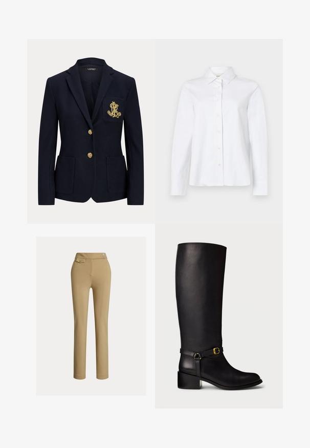 Marineblauwe blazer met ingesneden revers, twee gouden knopen, twee opgestikte voorzakken en goud geborduurd "RL"-logo op de linkerborstzak.; CLOSED CLASSIC SHIRT WITH STRAP DETAIL - Overhemdblouse - white; Beige op maat gemaakte broek met een zachte textuur, hoge taille, twee decoratieve knopen en een enkele achterzak. Recht gesneden ontwerp.; Zwarte leren kuitlange laarzen met een lage blokhak en een decoratieve band met een kleine gouden gesp op de enkel.