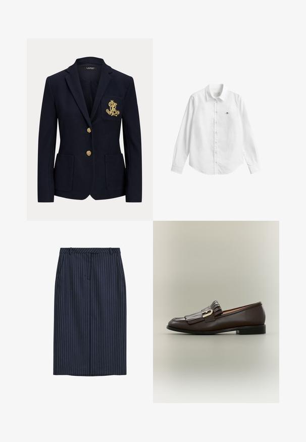 Blazer bleu marine avec revers cranté, deux boutons dorés, deux poches plaquées à l'avant et logo "RL" brodé en or sur la poche poitrine gauche.; Chemise blanche à manches longues avec boutons, fabriquée dans un tissu légèrement texturé. Dotée d'une poche avant avec un petit logo brodé et d'un col classique.; Jupe crayon bleu marine à rayures, coupe droite, poches avant, taille, et texture lisse. Sans fermetures ni attaches visibles.; Mocassin en cuir marron foncé avec détail à franges et boucle dorée sur fond neutre, vue latérale.