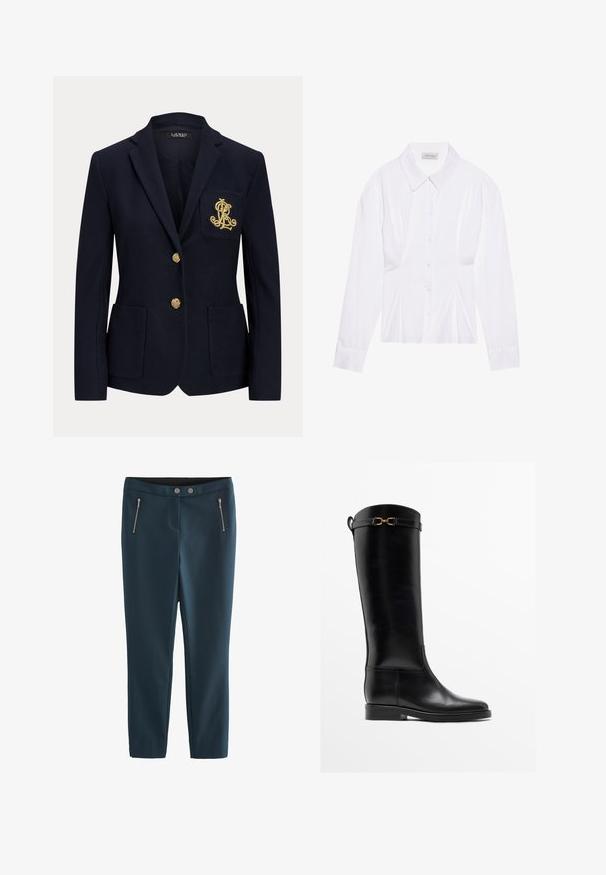 Marineblå blazer med hakket revers, to guldknapper, to forlommer med påsyet lommer og guldbroderet "RL" logo på venstre brystlomme.; Hvid langærmet bluse med klassisk krave, knaplukning foran og samlede side detaljer. Glat stof med en skræddersyet form.; Next SKINNY PETITE - Bukser - navy blue; Høj sort læderstøvle med lav hæl og guldbelagt spænde nær toppen, vist i profil på hvid baggrund.