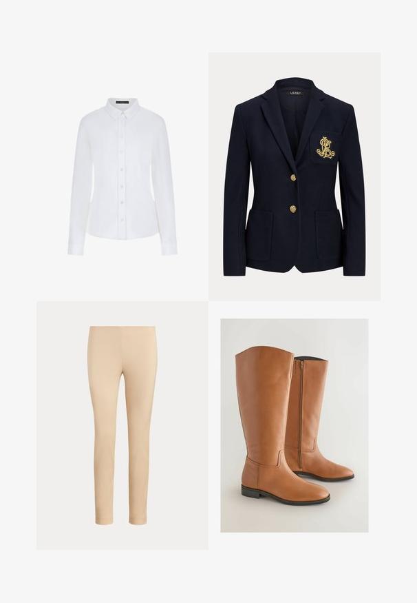Blazer azul marino con solapa con muesca, dos botones dorados, dos bolsillos delanteros de parche y logo "RL" bordado en dorado en el bolsillo izquierdo del pecho.; Camisa blanca de manga larga con cuello, cierre de botones en la parte delantera y puños. Elaborada en una tela suave con un diseño ajustado y sin patrones visibles.; Pantalones beige ajustados hasta el tobillo con un acabado liso y sin bolsillos visibles ni adornos sobre un fondo liso.; Botas de montar altas de cuero marrón con un diseño elegante, punta redondeada y un cierre lateral para ponerlas y quitarlas con facilidad. Suelas planas y mínimos detalles de costura.