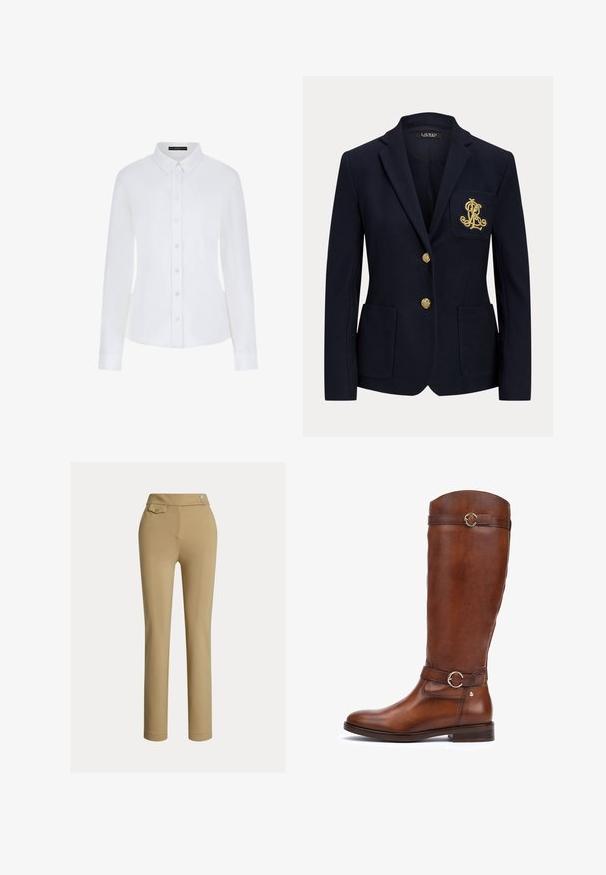 Marineblauwe blazer met ingesneden revers, twee gouden knopen, twee opgestikte voorzakken en goud geborduurd "RL"-logo op de linkerborstzak.; Witte lange mouwen shirt met een kraag, knoopsluiting aan de voorkant en manchetten. Gemaakt van soepel materiaal met een getailleerd ontwerp en zonder zichtbare patronen.; Beige op maat gemaakte broek met een zachte textuur, hoge taille, twee decoratieve knopen en een enkele achterzak. Recht gesneden ontwerp.; Bruine leren laarzen tot de knie met een gladde afwerking, een ronde neus, een decoratieve band met een ronde gesp en een lage stapelhak.