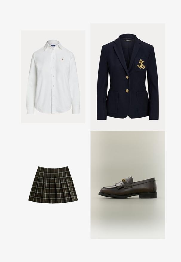 Marineblå blazer med hakket revers, to guldknapper, to forlommer med påsyet lommer og guldbroderet "RL" logo på venstre brystlomme.; Hvid langærmet skjorte med knapper og krave samt lille broderet logo på venstre bryst, vist på ensfarvet baggrund.; Rutet miniskørt i mørkegrøn og rød med plisseret design og en glat overflade. Lavet af stof med en blød finish.; Mørkebrun læderloafer med frynser og guldbeslag på sort sål, vist fra siden på en neutral baggrund.