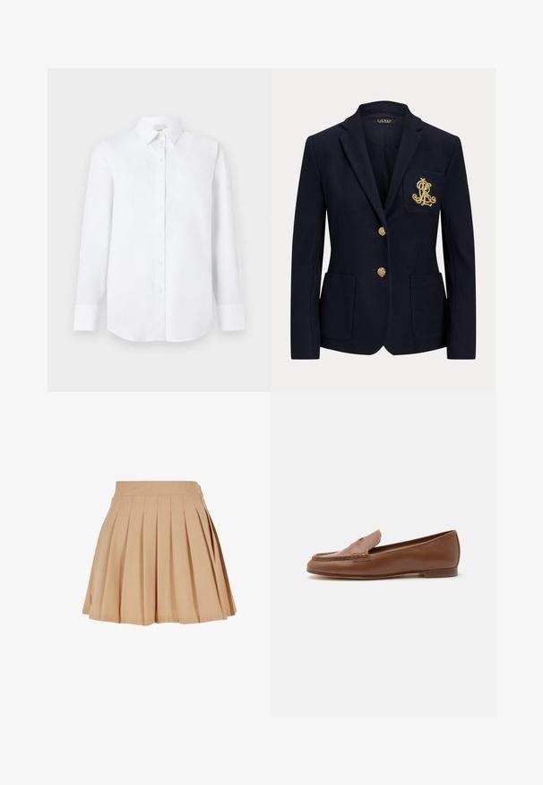 Marineblauer Blazer mit gekerbtem Revers, zwei goldenen Knöpfen, zwei aufgesetzten Taschen vorne und goldbesticktem "RL" Logo auf der linken Brusttasche.; Weißes Langarmhemd aus glattem Stoff, mit durchgehender Knopfleiste, klassischem Kragen und abgerundetem Saum mit geknöpften Manschetten.; Beige plissierter Minirock mit hohem Bund und dezentem gesticktem Logo an der rechten Seite des Bundes.; Klassischer brauner Lederloafer mit niedrigem Absatz und gestepptem Mokassinzehen-Detail, seitlich auf weißem Hintergrund gezeigt.