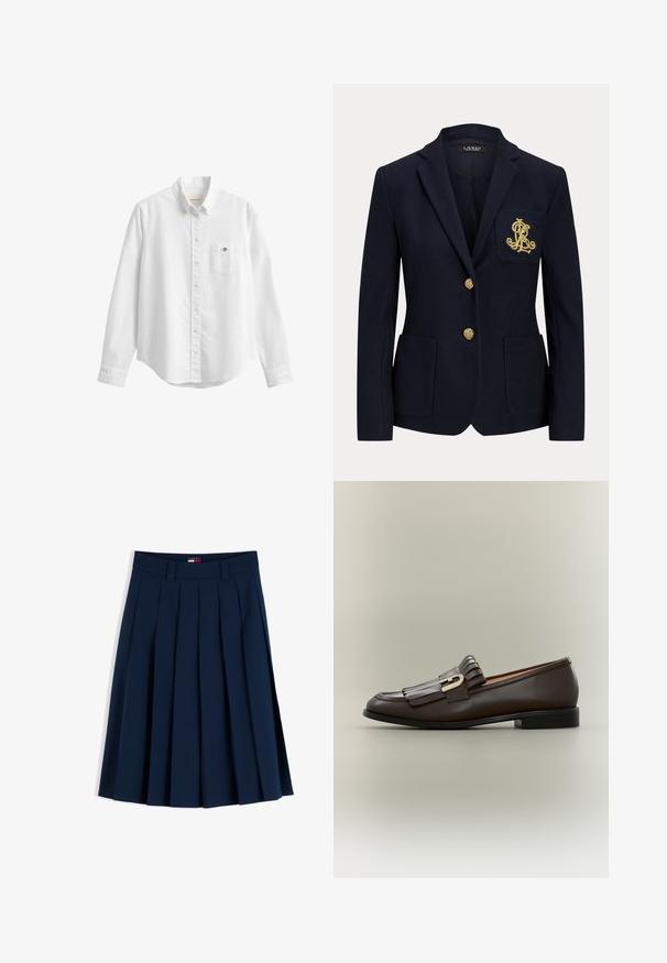 Blazer bleu marine avec revers cranté, deux boutons dorés, deux poches plaquées à l'avant et logo "RL" brodé en or sur la poche poitrine gauche.; Chemise blanche à manches longues boutonnée avec col et poche poitrine avec un petit logo brodé sur fond uni.; Jupe plissée bleu marine avec passants pour ceinture et une petite étiquette logo rouge, blanche et bleue sur la taille, présentée sur fond blanc.; Mocassin en cuir marron foncé avec détail à franges et boucle dorée sur fond neutre, vue latérale.