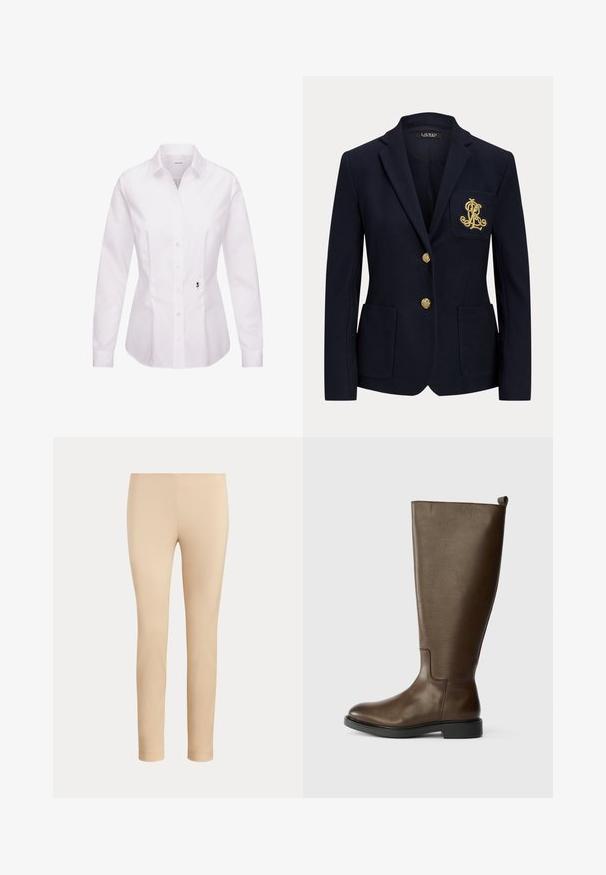 Marineblå blazer med hakket revers, to guldknapper, to forlommer med påsyet lommer og guldbroderet "RL" logo på venstre brystlomme.; Hvid langærmet skjorte med knapper, klassisk krave, frontplade, sidesømme og en sort broderet rosedetalje nær kanten.; Beige slim-fit ankellange bukser med en glat finish og uden synlige lommer eller pynt på en ensfarvet baggrund.; Brune læderknæstøvle med en glat tekstur, rund tå, lav sort hæl og en trækstrop øverst til nem påklædning.