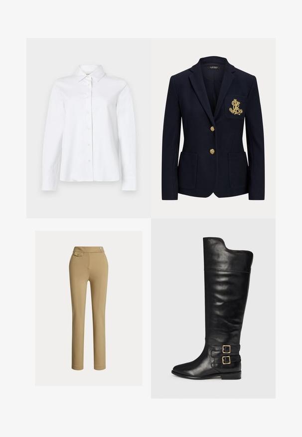 Marineblå blazer med hakket revers, to guldknapper, to forlommer med påsyet lommer og guldbroderet "RL" logo på venstre brystlomme.; CLOSED CLASSIC SHIRT WITH STRAP DETAIL - Skjortebluser - white; Beige skræddersyede bukser med en glat tekstur, høj talje, to dekorative knapper og en enkelt baglomme. Lige ben-design.; Sorte læderknæhøje støvler med en glat finish, spids tå og to spænde detaljer på ydersiden. Flad hæl design.