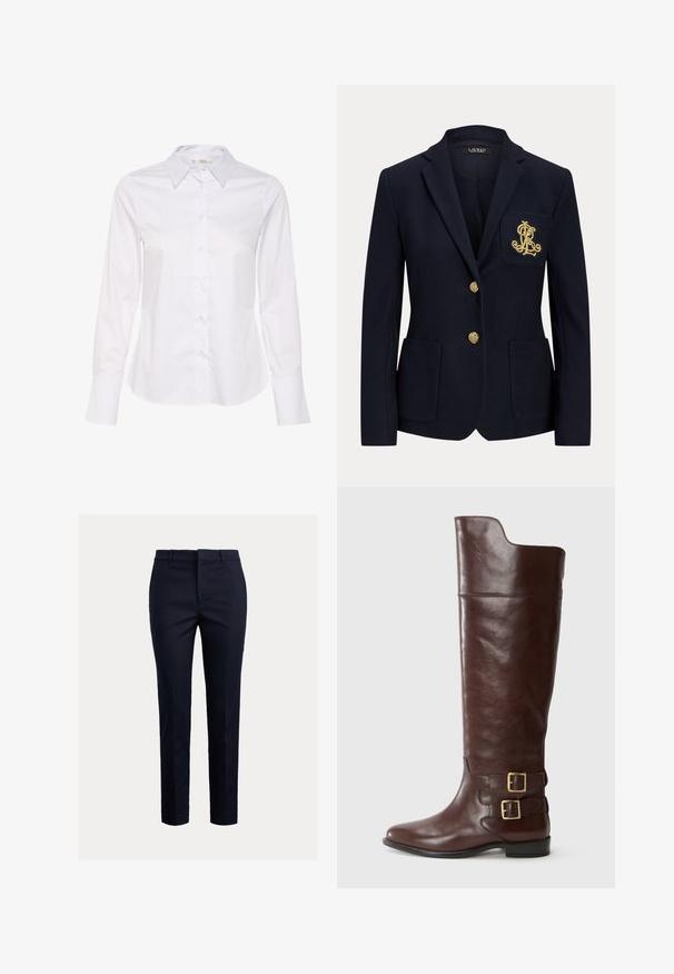 Blazer bleu marine avec revers cranté, deux boutons dorés, deux poches plaquées à l'avant et logo "RL" brodé en or sur la poche poitrine gauche.; Chemise blanche à manches longues avec un col classique, une fermeture par boutons à l'avant et un ourlet droit. Fabriquée en tissu lisse avec un design épuré.; Pantalon bleu marine ajusté, coupe slim, avec devant plat, poches latérales et texture lisse. Design uni sans motifs visibles.; Botte en cuir marron montante avec un bout arrondi, dotée de deux boucles en métal doré au niveau de la cheville et d'une texture lisse et polie.