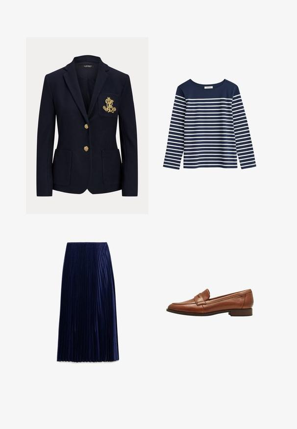 Marineblå blazer med hakket revers, to guldknapper, to forlommer med påsyet lommer og guldbroderet "RL" logo på venstre brystlomme.; Marineblå langærmet skjorte med hvide vandrette striber. Rund halsudskæring, blødt stof, løs pasform, og ingen synlig hardware eller udsmykninger.; Mørkeblå plisseret midi-nederdel lavet af letvægtsstof med en glat overflade, der har jævnt fordelt lodrette folder og en elastisk talje.; Brune læder loafers med en glat overflade, der har en rund tå, syede detaljer og en lav blokhæl. Accentueret med et dekorativt bånd.
