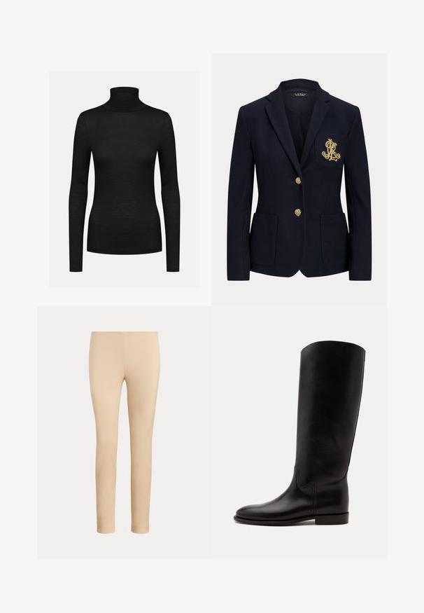 Marineblauer Blazer mit gekerbtem Revers, zwei goldenen Knöpfen, zwei aufgesetzten Taschen vorne und goldbesticktem "RL" Logo auf der linken Brusttasche.; Schwarzer Rollkragenpullover mit langen Ärmeln, gerippter Textur, taillierter Passform und hohem Kragen. Hergestellt aus einem weichen, dehnbaren Stoff.; Beige, figurbetonte, knöchellange Hose mit glatter Oberfläche und ohne sichtbare Taschen oder Verzierungen auf einfarbigem Hintergrund.; Hoher schwarzer Lederstiefel mit flacher Sohle und abgerundeter Spitze, von der Seite vor hellem Hintergrund gezeigt.