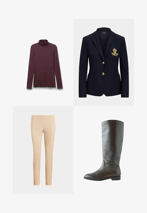 Marineblå blazer med hakket revers, to guldknapper, to forlommer med påsyet lommer og guldbroderet "RL" logo på venstre brystlomme.; Langærmet, mørklilla rullekravetrøje med en glat tekstur, vist fladt på en hvid baggrund.; Beige slim-fit ankellange bukser med en glat finish og uden synlige lommer eller pynt på en ensfarvet baggrund.; Brun læder knæhøj støvle med en glat overflade, rund tå og minimal syning. Sålen er flad med en lav hæl.