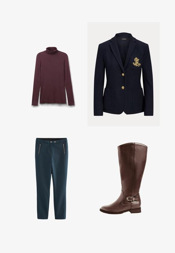 Marineblauwe blazer met ingesneden revers, twee gouden knopen, twee opgestikte voorzakken en goud geborduurd "RL"-logo op de linkerborstzak.; Langärmelig shirt met donkerpaarse coltrui en een gladde textuur, plat liggend op een witte achtergrond.; Next SKINNY PETITE - Broek - navy blue; Bruine leren kniehoge laars met een afgeronde neus, een gladde textuur en een decoratieve gespdetail bij de enkel, en een lage gestapelde hak.