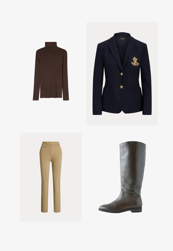 Marineblå blazer med hakket revers, to guldknapper, to forlommer med påsyet lommer og guldbroderet "RL" logo på venstre brystlomme.; Brun langærmet turtleneck-shirt med tætsiddende pasform, glat tekstur og uden synlige mønstre eller pynt.; Beige skræddersyede bukser med en glat tekstur, høj talje, to dekorative knapper og en enkelt baglomme. Lige ben-design.; Brun læder knæhøj støvle med en glat overflade, rund tå og minimal syning. Sålen er flad med en lav hæl.