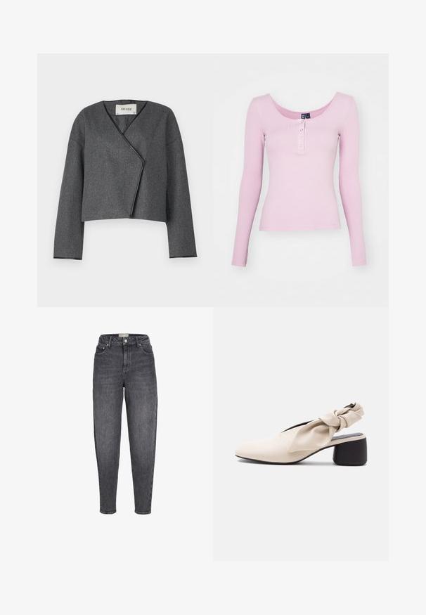 Grau geschnittene Jacke mit Wickeldesign, aus strukturiertem Stoff, mit V-Ausschnitt und langen Ärmel mit schwarzem Besatz.; Rosa geripptes Langarmoberteil mit einem Rundhalsausschnitt und fünf Druckknöpfen an der Vorderseite. Glatte Textur mit einer figurbetonten Passform.; Schwarze, hoch sitzende, verwaschene Jeans mit verjüngtem Schnitt, Fronttaschen, Gürtelschlaufen und Knopfverschluss.; Beiger Damenschuh mit niedrigem Absatz, spitz zulaufender Spitze und verdrehtem Riemendetail über dem Spann und der Ferse.