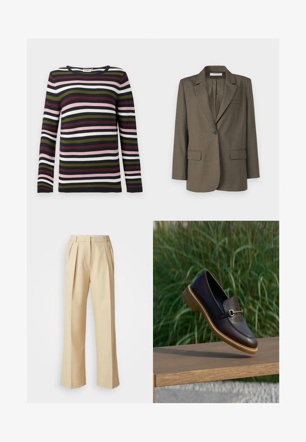 Blazer vert olive avec un col cranté, fermeture à un bouton, deux poches avant et une texture unie. Coupe ajustée avec une fente au dos.; Pull à manches longues rayé en marine, bordeaux, vert, rose et blanc. Texture côtelée avec un col rond et des manches ajustées.; Pantalons beige à jambes larges avec devant plissé, tissu lisse, fermoir dissimulé et poches latérales. Coupe structurée et design sur mesure.; Mocassin en cuir brun foncé avec semelle en bois et détail en métal doré, suspendu au-dessus d'un banc en bois avec un fond d'herbe verte.
