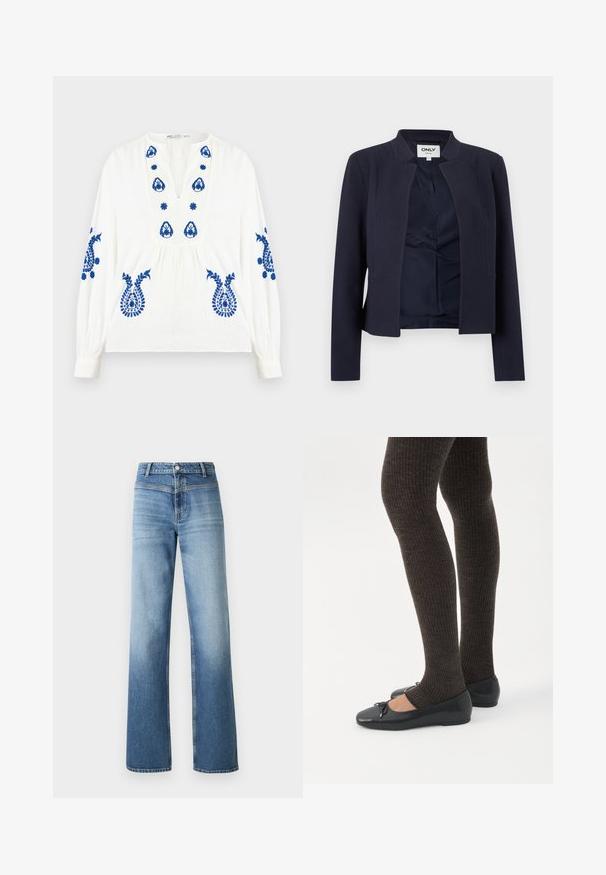 Blazer bleu marine à ouverture devant, manches longues et encolure sans col, avec une doublure intérieure lisse et une coupe ajustée.; Blouse blanche à manches longues avec broderie florale bleue sur la poitrine, les manches et le bas devant, dotée d'un col en V et d'une taille froncée.; Jean en denim bleu clair avec taille haute, coupe droite, délavage et style classique à cinq poches. Fini avec une fermeture à bouton.; Jambes portant des leggings côtelés foncés associés à des ballerines noires avec de petits détails en nœud sur fond blanc.