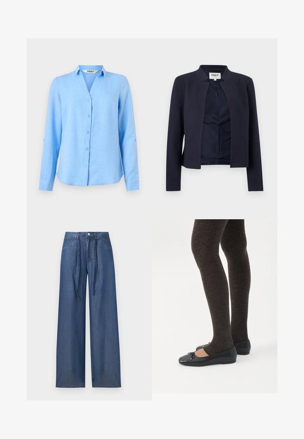Blazer bleu marine à ouverture devant, manches longues et encolure sans col, avec une doublure intérieure lisse et une coupe ajustée.; Chemise bleu clair à manches longues avec col, coupe slim, manches retroussées maintenues par des pattes à boutons.; Jean denim bleu taille haute, jambes larges, poches avant, passants de ceinture, fermeture par boutons et longues attaches en tissu pour la ceinture.; Jambes portant des leggings côtelés foncés associés à des ballerines noires avec de petits détails en nœud sur fond blanc.