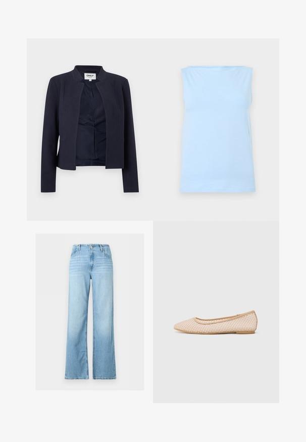 Marineblå blazer med åben front, lange ærmer og kravefri halsudskæring, der har en glat inderforing og en figurtilpasset pasform.; Lyseblå ærmeløs tanktop med lige halsudskæring, vist fladt mod en neutral baggrund.; Lyseblå vidde jeans med frontknap og lynlås, bæltestropper og femlomme-design.; Balletflade med spids tå, lavet af vævet beige materiale, med en fleksibel sål og en glat kant.