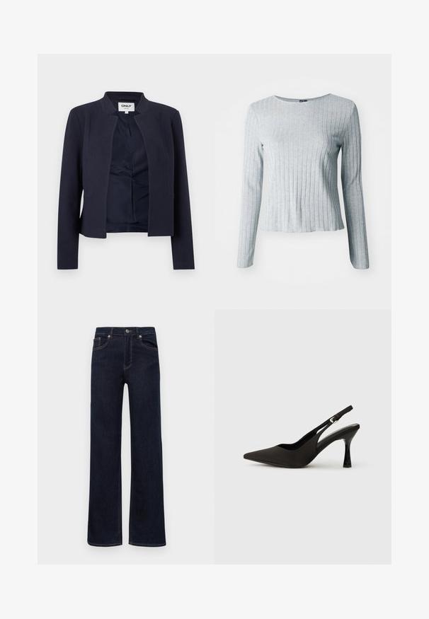 Marineblå blazer med åben front, lange ærmer og kravefri halsudskæring, der har en glat inderforing og en figurtilpasset pasform.; Grå ribbet langærmet bluse med rund halsudskæring, lavet af blødt tekstureret stof; har en let udvidet kant for en afslappet pasform.; Mørkeblå denimjeans med lige ben, knaplukning, bæltestropper og fem lommer, præsenteret på en hvid baggrund.; Sorte slingback hæle med spids tå, glat mat finish og en slank, blank hæl. Justerbar rem med lille spænde detaljer.