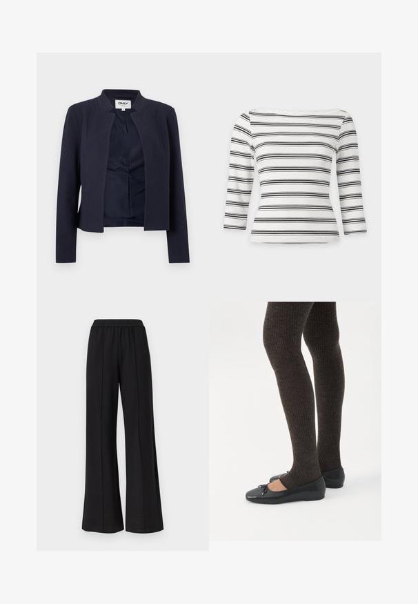 Blazer bleu marine à ouverture devant, manches longues et encolure sans col, avec une doublure intérieure lisse et une coupe ajustée.; JJXX JXFIFI BOATNECK - T-shirt à manches longues - black; Pantalon noir à jambes larges avec taille élastique et détails de coutures verticales, présenté sur un fond blanc uni.; Jambes portant des leggings côtelés foncés associés à des ballerines noires avec de petits détails en nœud sur fond blanc.