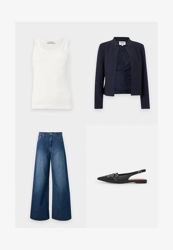 Blazer azul marino abierto al frente con mangas largas y escote sin cuello, con forro interior liso y diseño ajustado.; Camiseta sin mangas blanca acanalada con escote redondo y etiqueta de Copenhagen Studios en el interior del cuello.; Vaqueros de mezclilla azul oscuro de cintura alta, con perneras anchas, cinco bolsillos, trabillas para cinturón y cierre con botón de cobre.; Zapato plano slingback de cuero negro con puntera puntiaguda, que presenta dos correas horizontales y hebillas plateadas cuadradas, tacón bajo y textura suave.