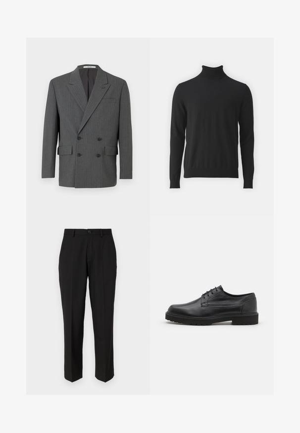 Blazer double boutonné gris foncé avec de subtils fines rayures verticales, trois boutons noirs de chaque côté et poches à rabat à l'avant.; Pull en col roulé noir en tissu doux, doté de manches longues et d'un col côtelé, avec une texture lisse et une coupe ajustée.; Pantalon noir en tissu lisse, présentant une coupe droite, des poches avant, un bouton simple de fermeture et sans motifs visibles.; Chaussure en cuir noir avec un bout arrondi, finition lisse et coutures minimales. Dispose d'un système de laçage et d'une semelle en caoutchouc épaisse et texturée.