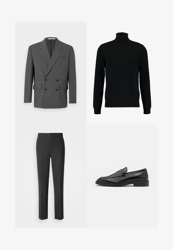 Mørkegrå dobbeltbrystet blazer med subtile vertikale stikninger, tre sorte knapper på hver side og frontlommer med klap.; Sort turtleneck sweater lavet af et blødt strikmateriale. Har lange ærmer, ribbet krave og kant. Enkel, slank design uden mønstre.; Skræddersyede mørkegrå bukser i et glat stof, med knaplukning, to forlommer og et lige ben-design.; Sorte læder loafers med en glat overflade, der har en rund tå og en smal bånd over det øverste. Lav stablet hæl.