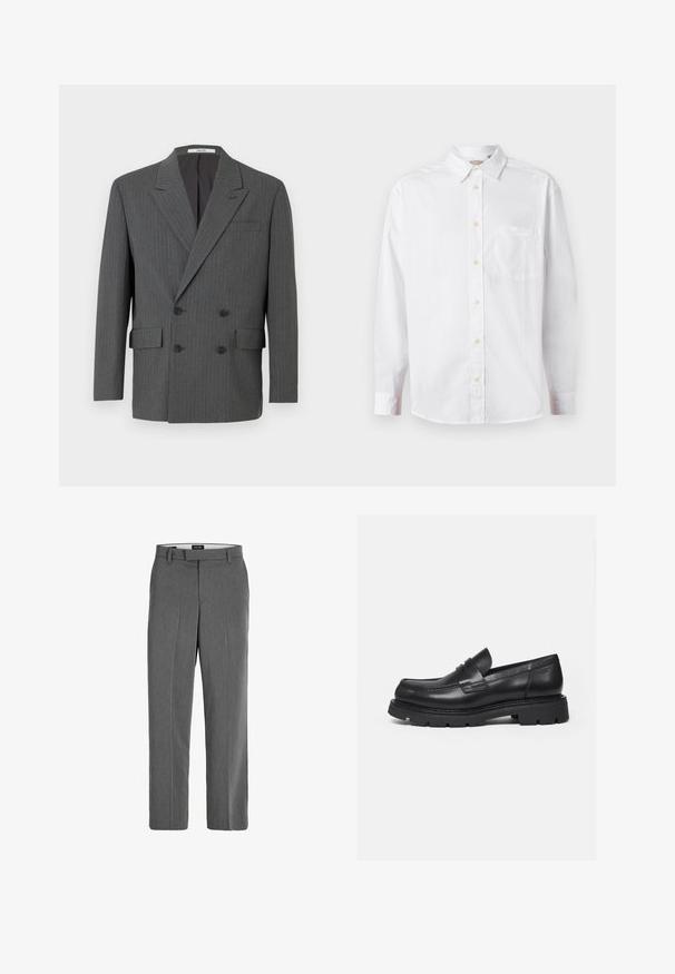 Blazer de doble botonadura en gris oscuro con sutiles rayas verticales, tres botones negros a cada lado y bolsillos delanteros con solapa.; Camisa blanca de manga larga con botones, cuello y bolsillo en el pecho, exhibida sobre un fondo claro y liso.; Pantalones gris con una textura suave, diseño de pierna recta y un patrón vertical sutil. Cuenta con trabillas para el cinturón y bolsillos delanteros y traseros.; Mocasín negro de cuero con suela gruesa y acanalada y detalle de tira para moneda, mostrado en perfil lateral derecho sobre fondo blanco.