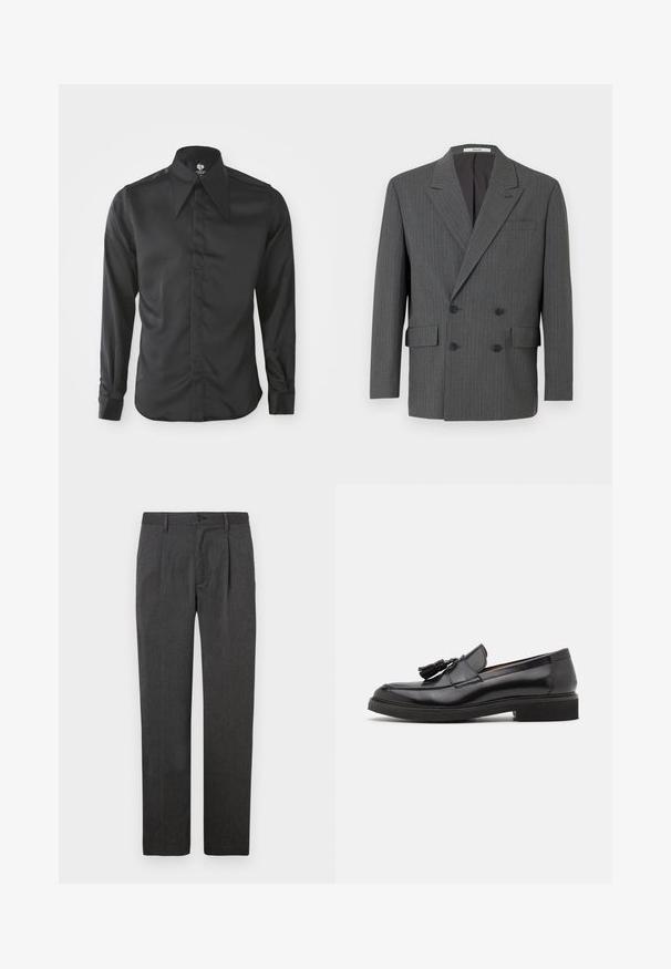 Blazer double boutonné gris foncé avec de subtils fines rayures verticales, trois boutons noirs de chaque côté et poches à rabat à l'avant.; Chemise noire à manches longues en tissu lisse. Dotée d'un col pointu, d'une fermeture à boutons sur le devant et de manches ajustées avec des poignets à boutons.; Pantalons gris sur mesure avec une coupe droite, dotés d'un pli avant, d'une fermeture éclair et d'un bouton. Texture lisse, design classique.; Mocassins en cuir noir avec des détails en franges, bout rond et semelle texturée. Présente une finition lisse et un design minimaliste.