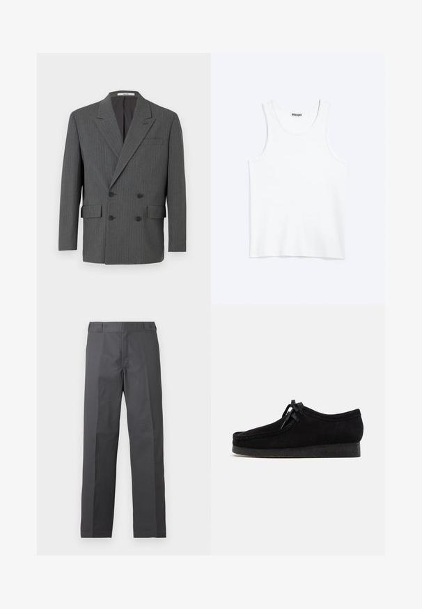 Mørkegrå dobbeltbrystet blazer med subtile vertikale stikninger, tre sorte knapper på hver side og frontlommer med klap.; Hvid ærmeløs tanktop med rund halsudskæring og Weekday-mærke på den indvendige baghals, vist fladt på lys baggrund.; Mørkegrå bukser med lige ben, flad front og uden synlige lommer, vist på en ensartet hvid baggrund.; Sorte ruskindsko med rund tådesign, snørebånd foran og en struktureret sort gummisål. Glat overflade med diskret syningsdetalje.