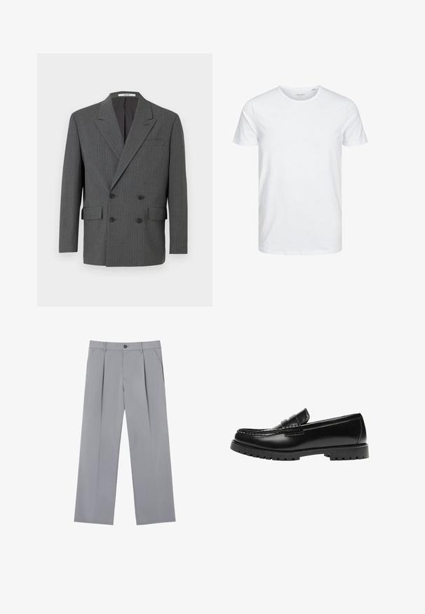 Blazer double boutonné gris foncé avec de subtils fines rayures verticales, trois boutons noirs de chaque côté et poches à rabat à l'avant.; T-shirt à col rond à manches courtes de couleur blanche unie, fabriqué en coton doux, avec un design simple sans motifs ni accents visibles.; Pantalons plissés gris à coupe décontractée, en tissu léger. Comprend des poches avant et une fermeture à bouton à la taille.; Mocassin en cuir noir avec une semelle en caoutchouc épaisse et un détail classique de bride à monnaie, vu de côté extérieur.