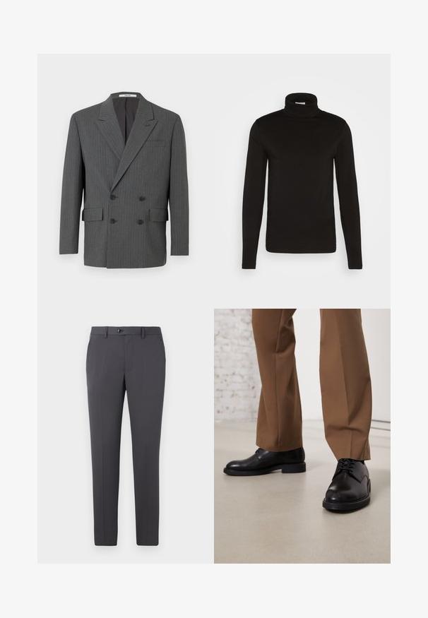 Blazer double boutonné gris foncé avec de subtils fines rayures verticales, trois boutons noirs de chaque côté et poches à rabat à l'avant.; Chandail noir à col roulé à manches longues en tissu lisse avec un design ajusté et un col haut et confortable. Aucuns motifs ni accents visibles.; Pantalon gris en tissu lisse, avec une coupe droite, fermeture à bouton, passants de ceinture et poches latérales. Design simple et fonctionnel.; Chaussures en cuir noir avec une surface lisse et un bout arrondi, dotées d'un système de laçage et d'une semelle plate et basse. Associées à un pantalon marron.