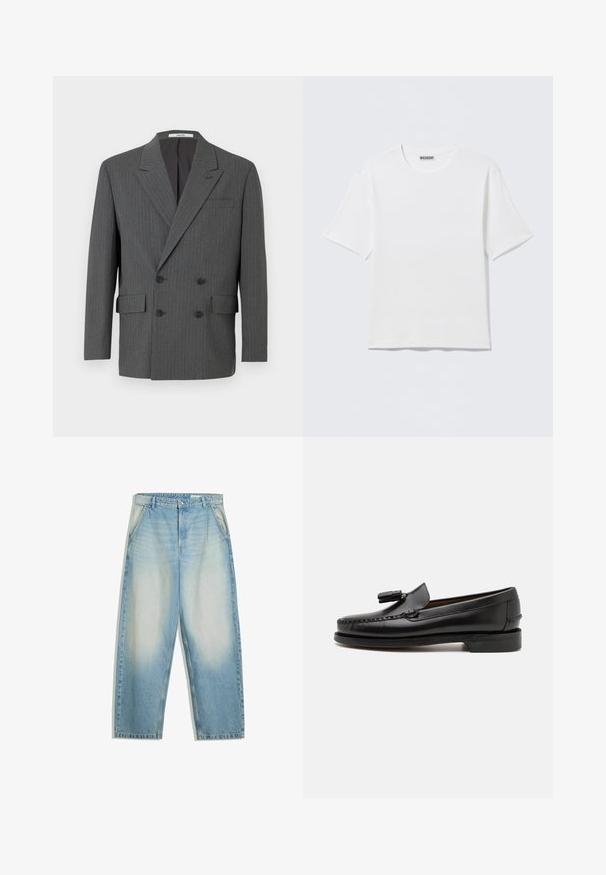 Blazer double boutonné gris foncé avec de subtils fines rayures verticales, trois boutons noirs de chaque côté et poches à rabat à l'avant.; T-shirt blanc uni à manches courtes et col rond, avec une petite étiquette "WEEKDAY" à l'intérieur du col arrière, présenté à plat.; Jean en denim bleu clair délavé avec une coupe ample, poches latérales, passants pour ceinture et fermeture par bouton à la taille.; Mocassins en cuir noir avec couture mocassins, bout rond et ornement de pampille. Talon plat avec une texture lisse, conçus pour un port décontracté.